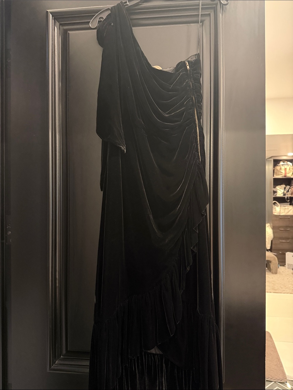 Ulla Johnson Black One-Shoulder Velvet Draped Gown